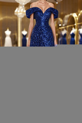 A-Line Evening Gown Elegant Dress Semi Formal Prom Wedding Guest Sweep / Brush Train Sleeveless Off Shoulder Sequined with Glitter Sequin Masquerade Dress